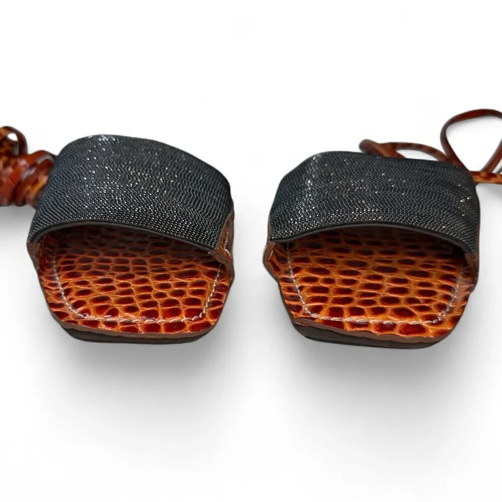 Brunello Cucinelli Women's Orange & Brown Croc Embossed Flat Sandals Sz 37 NWOB